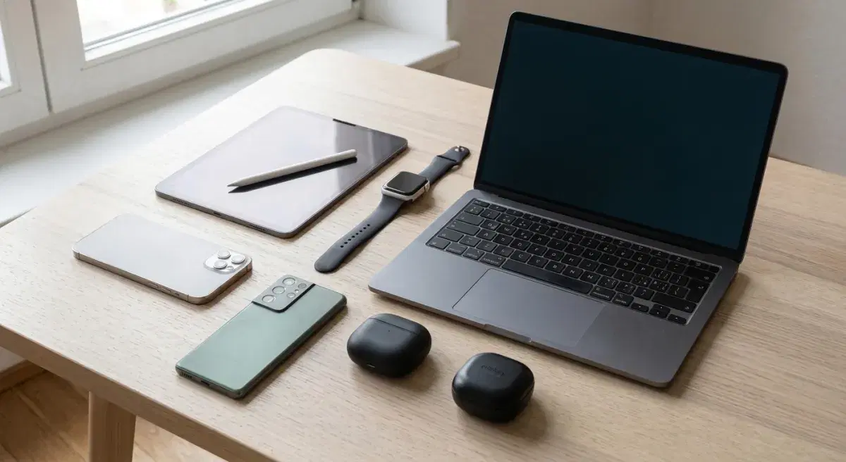 Smartphone, Tablet, Laptop, Smartwatch und Kopfhörer auf einem Schreibtisch