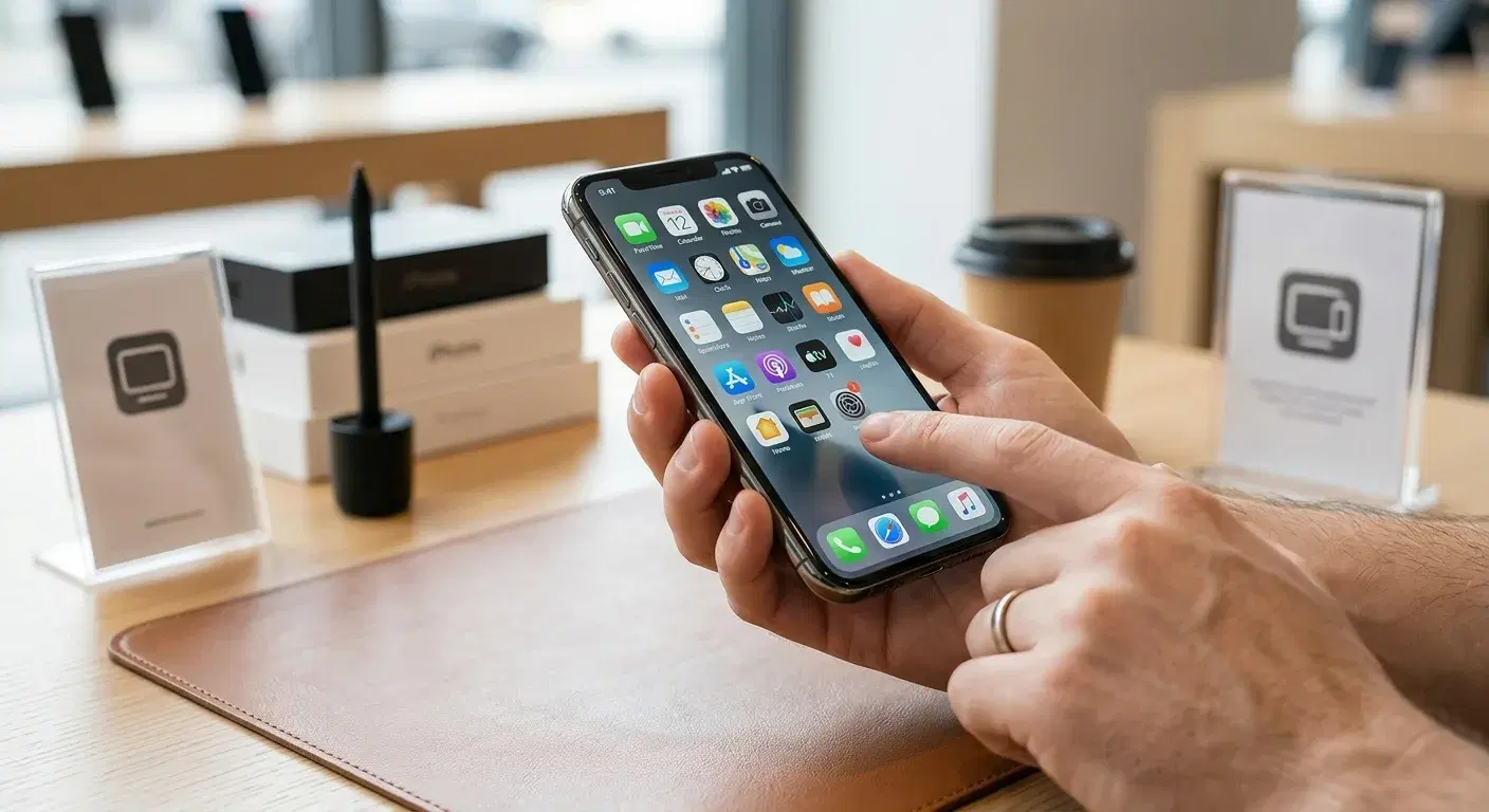 Mitarbeiter prüft ein Smartphone im Laden